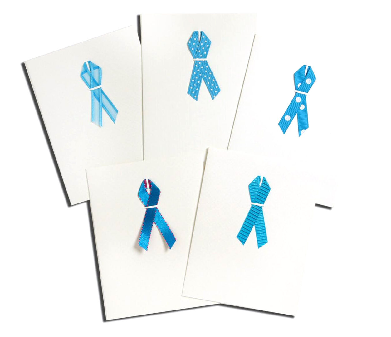 A set of five cards with blue ribbons.