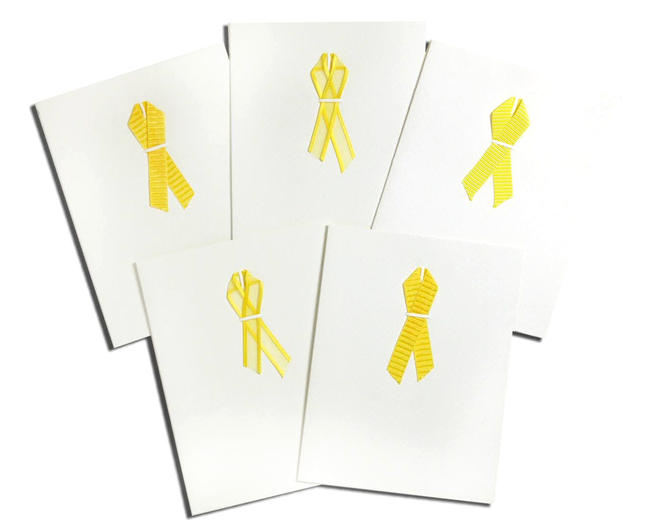 A set of six cards with yellow ribbon designs.